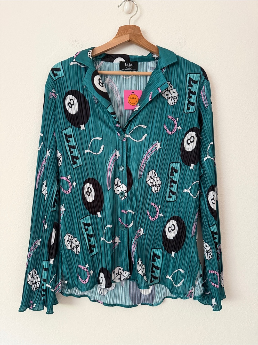 Dressed in LALA NWT Plisse Lucky Make a Wish Long Sleeve Button Shirt Vegas S